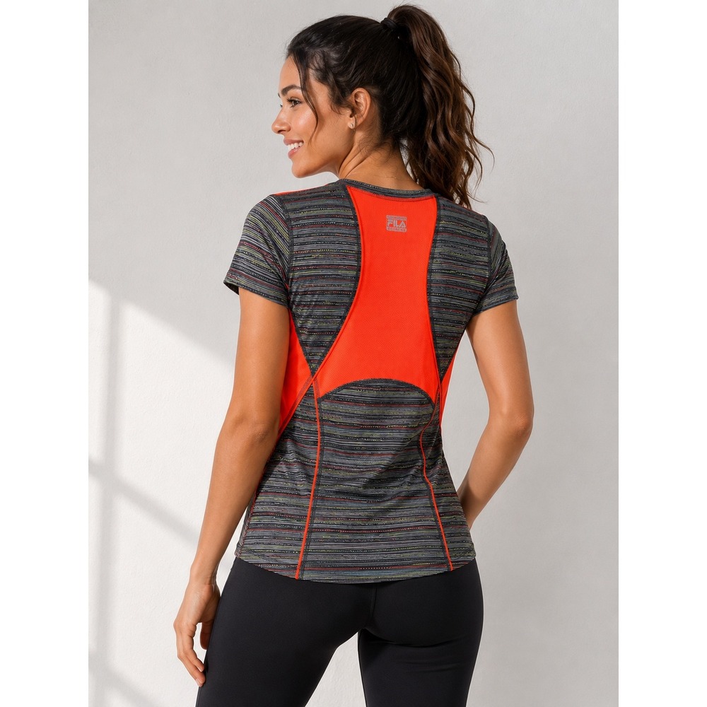 Fila Sport Running Top Women's Large Neon Orange Gray Striped Athletic‎ Tee